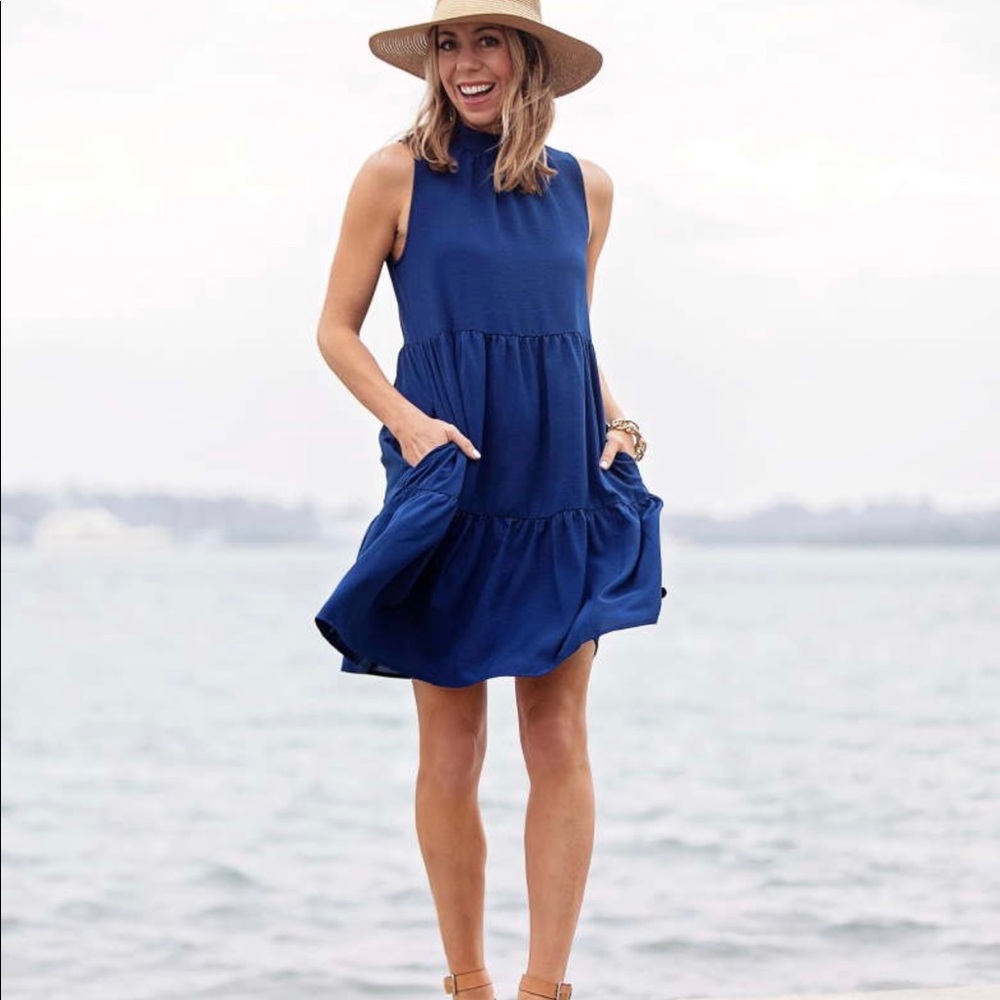 Blue Sleeveless Dress with POCKETS!